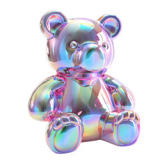 3D pastel iridescent jelly bear with reflective neon accents isolated on transparent background