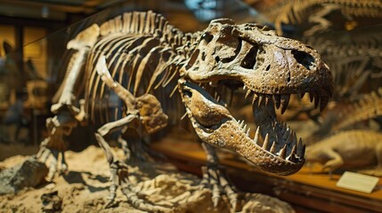 This is a picture of a mounted T-Rex skeleton in a museum.

