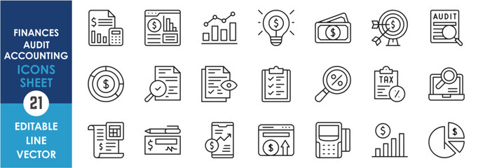A set of outline icons related to audit, finance, and accounting. Vector line icons with tax, graph, money, calculations and so on.