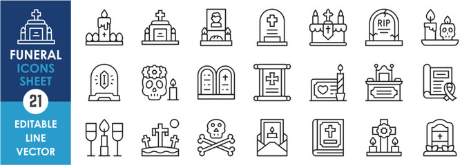 A set of line icons related to funeral. Vector outline icons set with death, coffin, cross and so on.