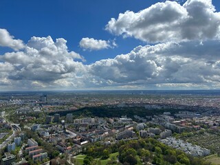 Panoramic View with the Olympic Tower (Olympiaturm) from the Olympic Park (Olympiapark München) in Munich, Germany