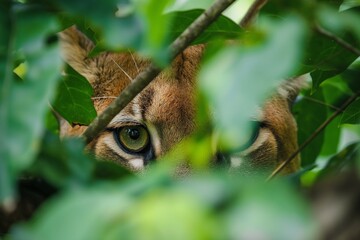 Obraz premium A close-up portrait of a cougar (mountain lion) in jungle habitat, looking directly at the camera. Horizontal. Space for copy.