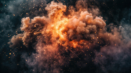 A dramatic explosion with fire, smoke, and sparks filling the frame against a dark background.