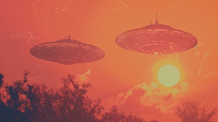 two holographic UFOs in pink orange sky, old film style, world UFO day