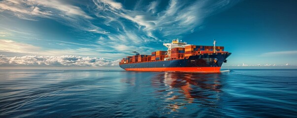 ultra large container vessel at sea. box ship spelled containers hip on a beautiful ocean with lot of containers.