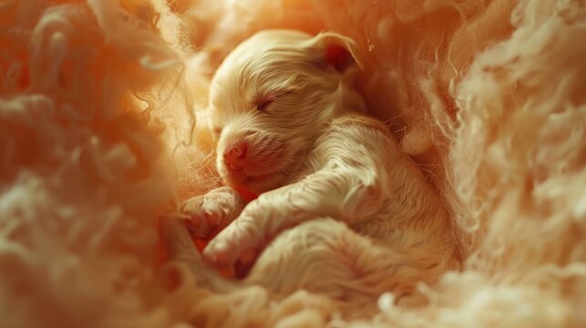 Little animal baby inside mother womb. Small embryo in uterus. Cute unborn dog sleep belly. Origin beginning new life concept. Doggy pregnancy. Tiny innocent infant grow. Medical science. Vet clinic.