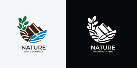 A nature-themed logo featuring mountains, a river, and leaves, presented in two versions: color and monochrome. Ideal for eco-friendly brands, outdoor businesses, or environmental projects.