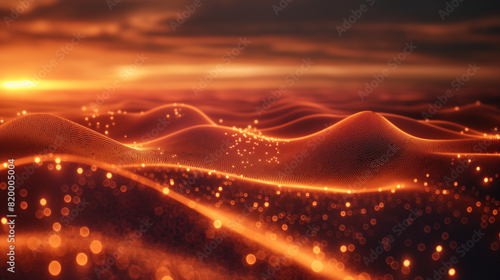Poster abstract background of glowing particles on a wire mesh landscape.