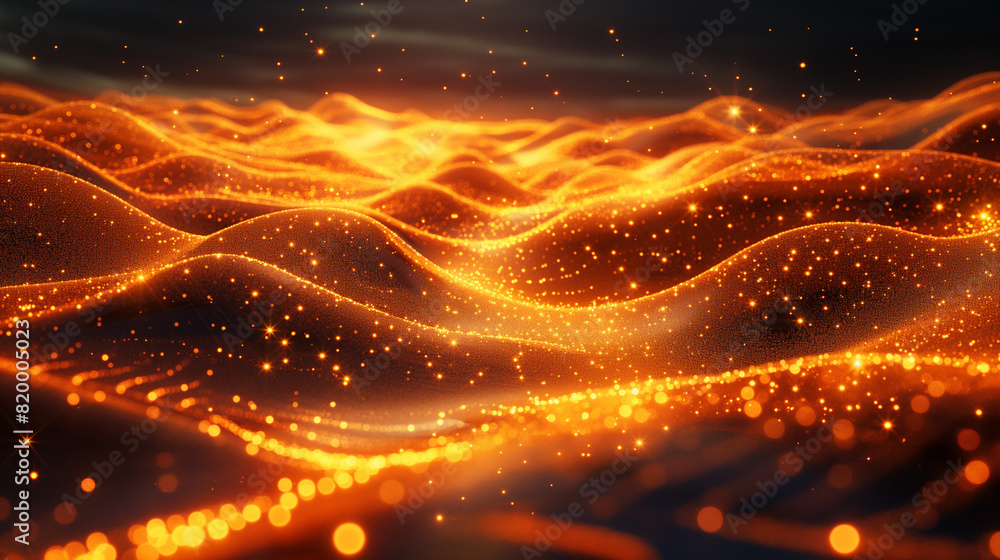 Poster abstract background of glowing particles on a wire mesh landscape.