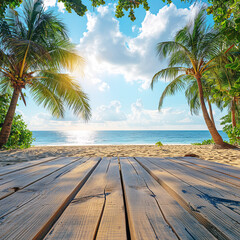 wood desktop empty space and summer beach landscape Advertising  background