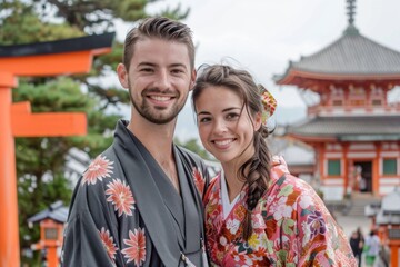 Naklejka premium 京都で着物を楽しむ外国人カップル（インバウンド・外国人・訪日・旅行・円安・オーバーツーリズム）