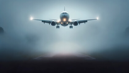 Airplane Landing in Foggy Conditions, Created with Generative AI Technology