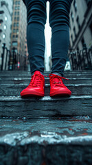 a person's journey, with the camera locked on stylish red shoes ascending the steps, against an unfocused backdrop of the urban jungle, suggesting a narrative of personal growth within the city life.