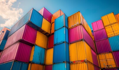 Colorful stack of cargo shipping containers in shipping yard with beautiful clear sky.