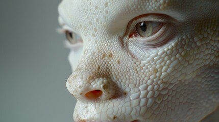 Naklejka premium portrait of an hybrid of albino reptile and a man, imaginary hybrid scenes. Close-up of a pale young person with light freckles, holding a lizard against a dark background