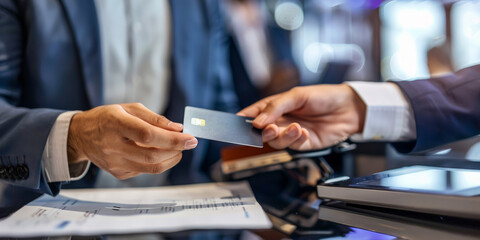 A person holds a credit card in front of a machine for a transaction