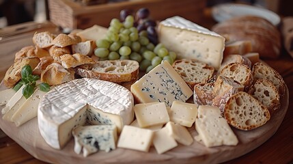 An assortment of artisanal cheeses and crusty breads is artfully arranged on a rustic serving platter, enticing you to indulge in a leisurely afternoon snack.