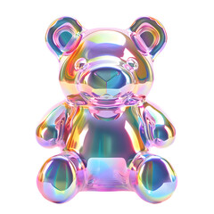 3D pastel iridescent jelly bear with reflective neon accents isolated on transparent background