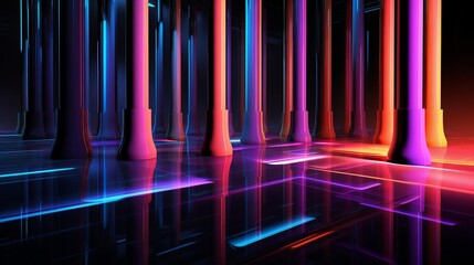 Abstract neon pillars in a reflective space