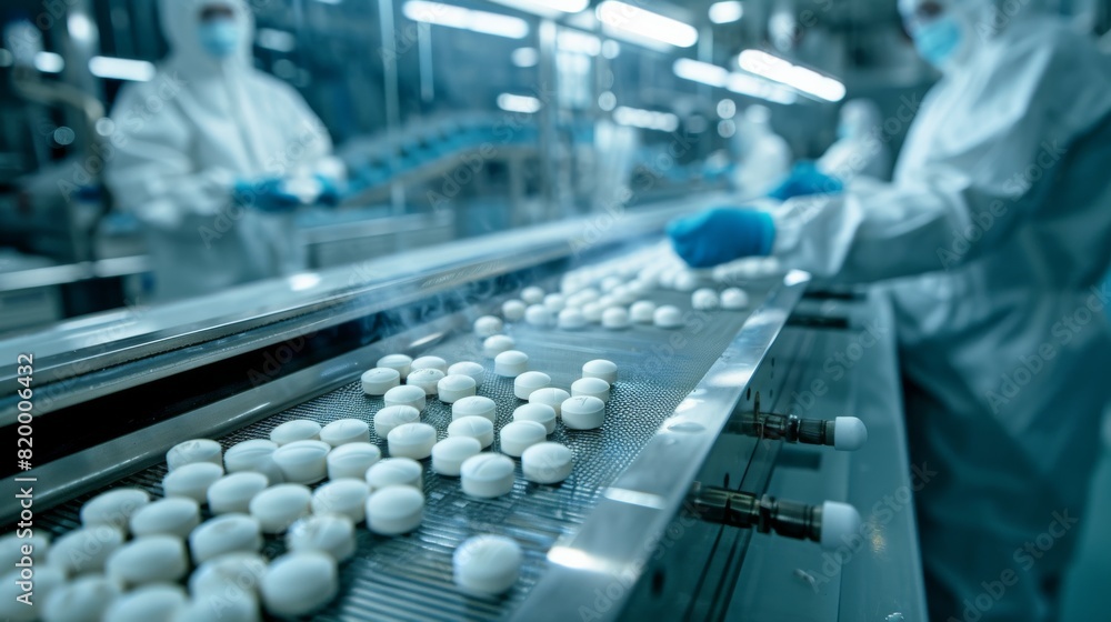 Poster in a pharmaceutical factory, workers follow safety protocols by wearing protective gear while workin