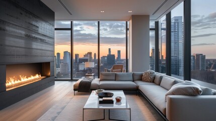 A large living room with a fireplace and a couch