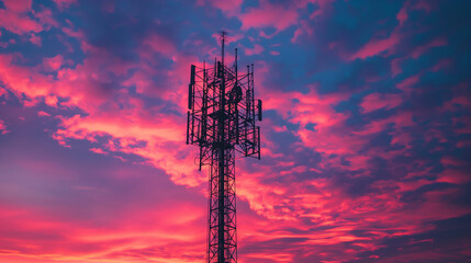 Naklejka premium Mobile phone tower against a lovely twilight sky.