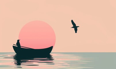 simple vector illustration of the silhouette of an old wooden rowboat floating on calm waters
