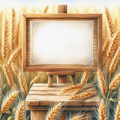 Wooden frame on the background wheat field.