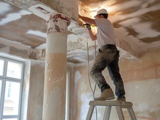 A man is working on a ceiling with a ladder. The man is wearing a white shirt and blue jeans