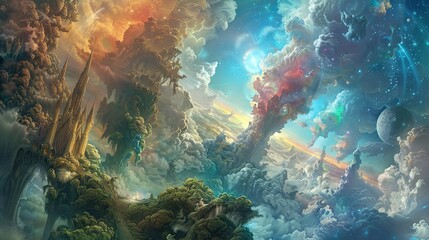 a fantasy landscape with floating islands, waterfalls, and giant mushrooms.