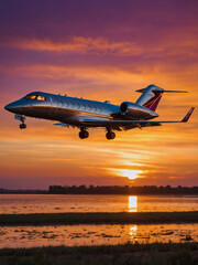 Glamorous private jet taking off under a stunning orange and magenta sunset.