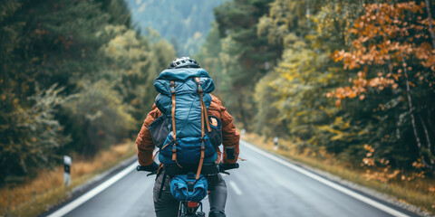 Naklejka premium A cyclist with a large backpack riding on a scenic road surrounded by trees.