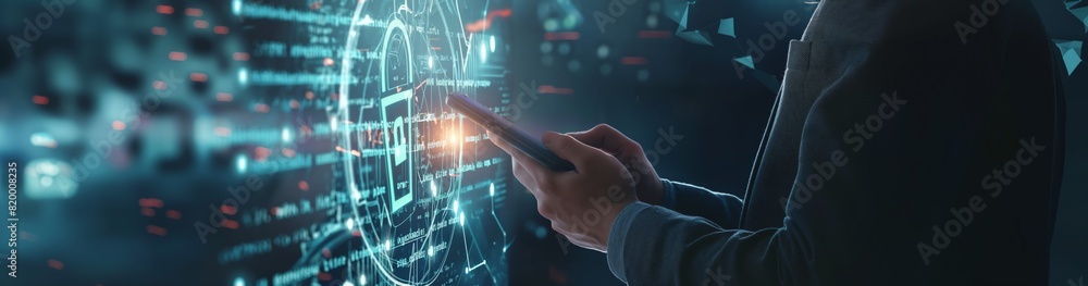 Aufkleber A businessman, surrounded by advanced technology, is contemplating the future with a digital tablet and innovative interfaces, focusing on business strategies and technology integration