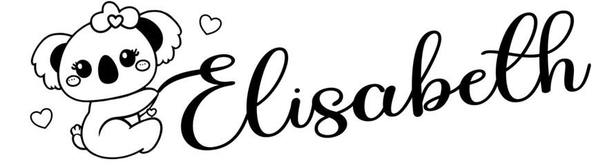 Elisabeth - black color - name written - Word with Koala kawaii for websites, baby shower, greetings, banners, cards-shirt, sweatshirt, prints, cricut, silhouette, sublimation