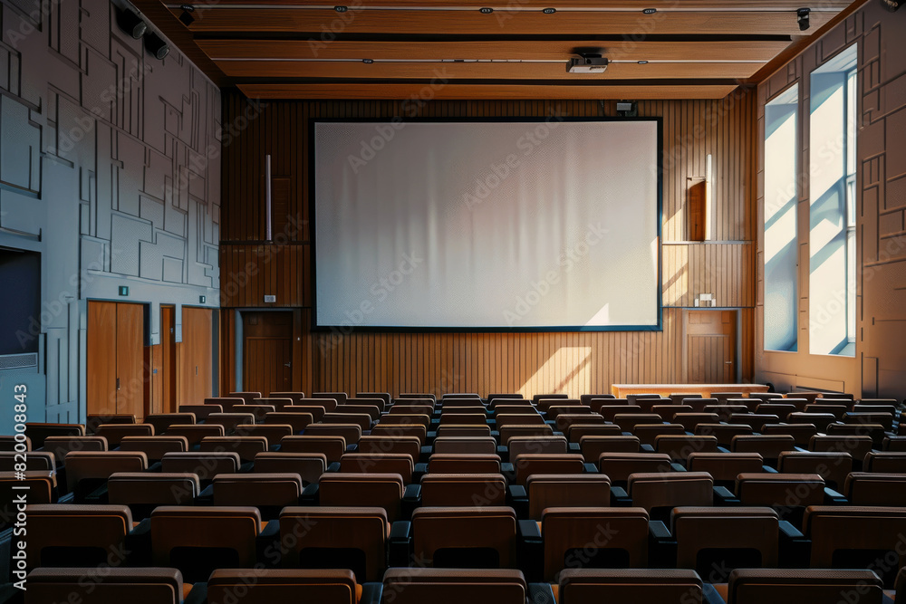 Poster empty auditorium with rows of seats and projector screen