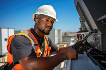 A technician in a hard hat working on rooftop HVAC equipment.