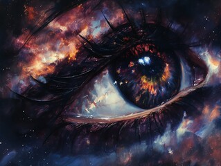 A painting of an eye with a galaxy in the background. The eye is surrounded by a colorful swirl of stars and clouds, giving the impression of a dreamy, otherworldly atmosphere