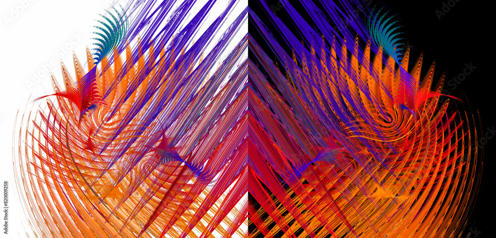 Poster colorful abstract background with zigzag and arc intersecting lines on white and black backgrounds. 