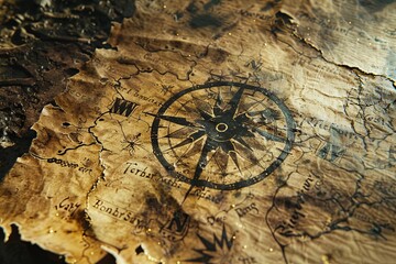 Fototapeta premium Ancient treasure map depicted on weathered parchment with a faded compass rose. Intriguing vintage photograph
