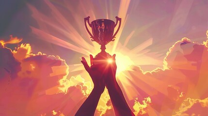 A person is holding a trophy in front of the sun. The sky is a bright orange color.

