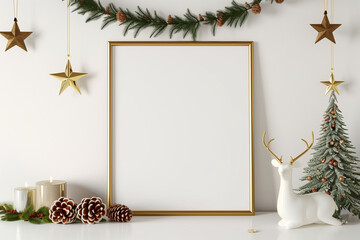 Square christmas poster mockup with golden frame pine cone star garland and deer on white wall background. 3D rendering illustration. - Powered by Adobe