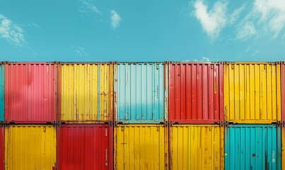 Colorful stack of cargo shipping containers in shipping yard with beautiful clear sky.