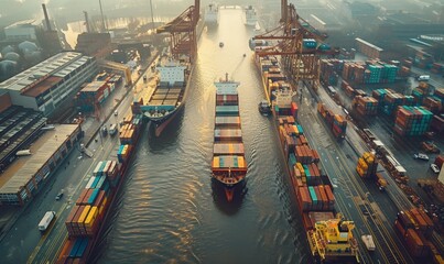 Obraz premium aerial port of large port with containers and ships docked, showcasing the global trade network. A cargo ship is loading stacked shipping containers onto its deck while cranes handle them from above. 