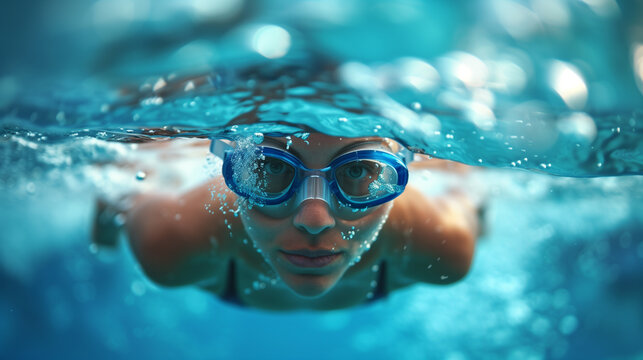 Woman swimming in pool. Female swimmer in google underwater.