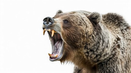 close up Grizzly Roars Warning. On white background. generative ai