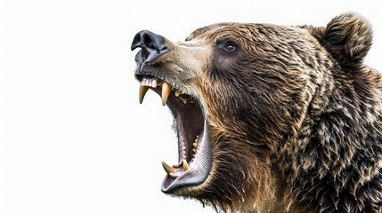 close up Grizzly Roars Warning. On white background. generative ai
