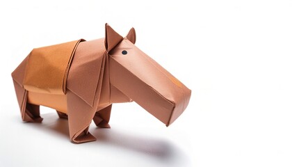 Animal concept origami isolated on white background of a hippo or hippopotamus, the largest extant land artiodactyl, with copy space, simple starter craft for kids