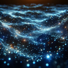 Digital 3D illustrations that depict an abstract visualization of a network, capturing a sense of depth and connectivity with glowing blue nodes scattered across a dark background.