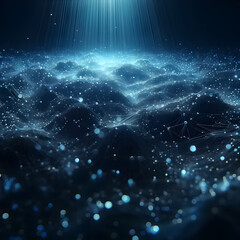 Digital 3D illustrations that depict an abstract visualization of a network, capturing a sense of depth and connectivity with glowing blue nodes scattered across a dark background.