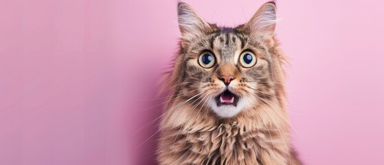 Siberian cat showing exaggerated surprise on a lavender pink background with copy space, - Powered by Adobe